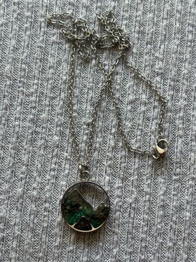 Bohemian theme silver tone round turquoise mountains pendant chain necklace